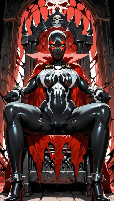 (("The Spawn")), Photorealistic epic scene of a dominant sexy female Spawn sitting on a dark gothic throne, genderbent version, incredibly seductive athletic body with large breasts and pronounced curves, extremely tight black symbiote suit with white emblem and red glowing details, sharp spikes everywhere, heavy chains across body, long torn red cape draped over throne, full demonic mask with glowing white-green eyes, no hair, powerful and regal sitting pose, green hellfire energy in background, skulls and chains around throne, dark dramatic lighting, ultra detailed, menacing and erotic atmosphere, 8k, cinematic horror