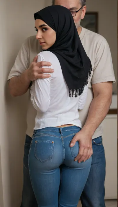 cute 18 years Algerian woman, small body, (tight jeans), (round bubble butt), (dark tanned skin), cute face, innocent face, (long black hijab-scarf), (caught by force and molested), ((old man holding her and groping her ass)), by force, back view, fully clothed, <lora:Thigh_gap_SDXL:1.7>