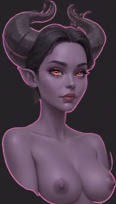 (2D, vector art, cel shaded:1.8), (thick outline:1.9), 1girl, solo, ((demon girl)), ((mature)), ((dark purple colored skin)), (huge horns), ((pink eyes)), vibrant, energetic, portrait, naked, <lora:outline_xl_kohaku_delta_spv5x:2>, <lora:detailed_notrigger:.8>, <lora:add-detail-xl:.8>