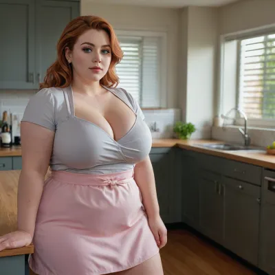 This is a highly detailed digital close-up illustration in an anime style. The image features a very obese young woman standing in a modern kitchen. She has long, wavy auburn hair that falls past her shoulders and is adorned with small, (finely drawn facial features), light gree Eyeshadow, delicate earrings. Her skin is fair, and she has a gentle, blushing expression on her face, with slightly parted pink lips and large, expressive green eyes. Curvy chubby face, She is wearing a form-fitting, short-sleeved white blouse that accentuates her large breasts and a light pink apron tied around her waist.thick strong thighs, wide packed hips, Her hands are modestly crossed over her lower abdomen, just above the apron.

The background shows a sleek, contemporary kitchen with light grey cabinets and a stainless steel dishwasher to the right. A wooden countertop runs along the back of the kitchen, with a small stack of plates and a window that lets in soft, natural light. The window has white blinds partially drawn, allowing sunlight to filter into the room. The floor is a smooth, grey tile that matches the cabinetry. The overall lighting in the image is warm and soft, highlighting the subject and creating a gentle, inviting atmosphere. The illustration's attention to detail, particularly in the character's expression and clothing, adds to the realism within the anime style., large, breasts, big, boobs, huge, tits, <lora:SDXLHighDetail_v6-000005:.8>, <lora:bombshell_v2:.4>