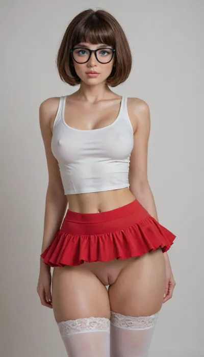 velma dinkley, (brown skin:1.3), perfect skin, extremely beautiful face, blush, freckles, full lips, thick lips, ultra high details, award winning photo, breasts, hips, super waist, perfect anatomic body, erect nipples, (comically hyper puffy swollen vulva:1.3), puffier, (excessive hyper pronounced puffy swollen labia:1.3), over sized vulva, thick eyelashes, long eyelashes, blushing, pink lips, glossy lips, attractive face, perfect nose, round cheeks, beautiful woman, hinata, sexy, model, pretty face, hyper realistic, perfect eyes, best detailed hair, micromini skirt, tight tanktop, stockings, g string, engorged breast
