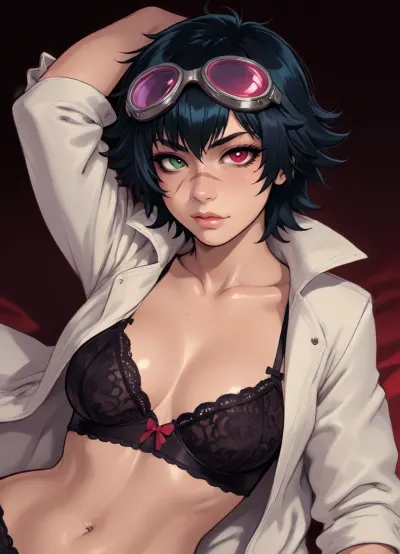 (owler meets melkor mancin style), reiq style, masterpiece, (Lady from Devil May Cry, (heterochromia:1.3), green eye, red eye), (nose scar:1.3), goggles, muscular, laying down seductively, oiled skin, lingerie, white coat, simple background, <lora:lineartSDXL:.8>, <lora:mk_Bp Anime_xl:.8>