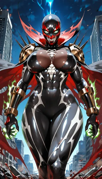 (("The Spawn")), Hyperrealistic dark cinematic shot of a sexy female Spawn, genderbent, stunning athletic-curvy body, massive breasts, toned abs, wide hips, skin-tight shiny black symbiote suit hugging every curve perfectly, white bone-like patterns on chest, blood-red accents, heavy spiked pauldrons, metal chains floating around her, large dual guns in hands, long dramatic torn red cape flowing in wind, full black demonic mask with glowing green eyes, no hair, standing in aggressive powerful pose, dark destroyed city background at night, green energy glow, dramatic rim lighting, heavy volumetric shadows, ultra detailed, photorealistic, 8k, dark seductive horror vibe