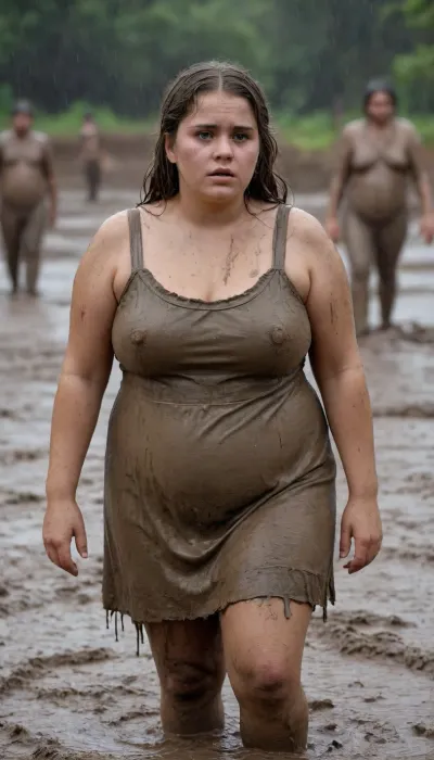 A young, overweight 18-year-old woman with a round face, standing in the mud, she is completely soaked by the rain and covered in mud, her rain-soaked hair is completely covered in mud, her face is completely covered in mud, she is wearing a golden, rain-soaked dress, which is covered in mud