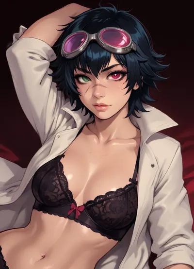(owler meets melkor mancin style), reiq style, masterpiece, (Lady from Devil May Cry, (heterochromia:1.3), green eye, red eye), (nose scar:1.3), goggles, muscular, laying down seductively, oiled skin, lingerie, white coat, simple background, <lora:lineartSDXL:.8>, <lora:mk_Bp Anime_xl:.8>