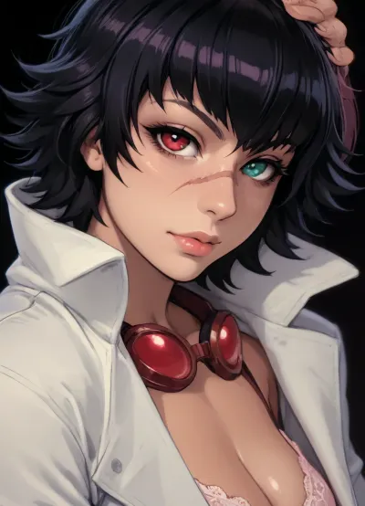 (owler meets melkor mancin style), reiq style, masterpiece, (Lady from Devil May Cry, (heterochromia:1.3), green eye, red eye), (nose scar line:1.4), goggles, muscular, laying down seductively, oiled skin, lingerie, white coat, simple background, side view, <lora:lineartSDXL:.8>, <lora:mk_Bp Anime_xl:.8>