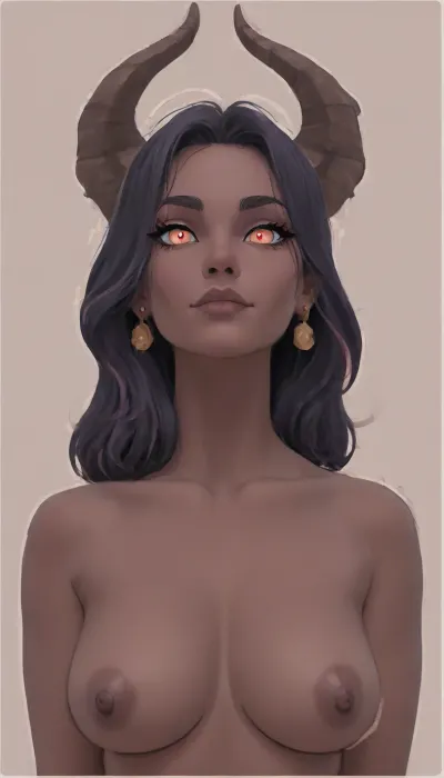 score_9, score_8_up, score_7_up, highres, best quality, high-detail, (2D, vector art, cel shaded:1.6), (thick outline:1.8), 1girl, solo, ((demon girl)), ((mature)), ((dark purple colored skin)), (huge horns), ((pink eyes)), vibrant, energetic, portrait, naked, dark nipples, <lora:outline_xl_kohaku_delta_spv5x:2>, <lora:detailed_notrigger:.8>, <lora:add-detail-xl:.8>