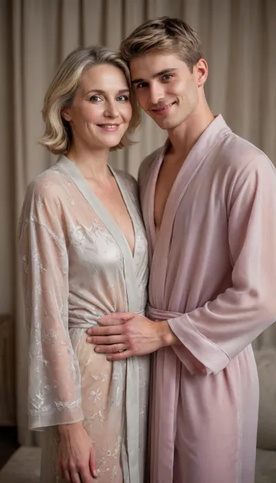 Full length romantic portrait of mature mother 48yo short ash-blonde hair, shy smile, sheer robe, embrace with young male, ((20yo)), boyfriend.