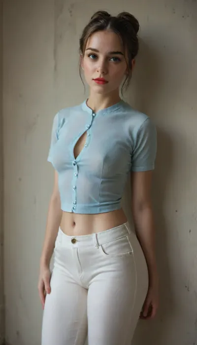 she, sexy slender caucasian 25yo woman standing in a low quality run down motel, faded and pealing wallpaper, unbuttoned dark blue Florentine short sleeve cotton shirt and tight long trousers, revealing cleavage, auburn hair in a bun, red lipstick, freckles, small firm breasts, strict, hands on thighs, relaxed dynamic pose, (nighttime), (no ambient light), (overexposed flash highlights on subject), (cool white balance:1.3), (cyan-tinted shadows from digital camera sensor), cyan colour cast, (fluorescent lighting tint), (artificial lighting with cyan hue), (realistic dark environment with high flash contrast), (film grain), (light leak), (low res), (low quality), (unfiltered), (low contrast), (low contrast:2), (noise in all darker areas), (noise in dark areas), (gritty), polaroid, long night out, photograph, Irish, braless, Wearing, clothes, that, make, sense, with, Braless>, <lora:bralessSDXL_v1_00022:.8>, <lora:portrait_handsome_man_beautiful_woman:.8>, <lora:EnvyThiccXL02:.8>, <lora:MJ52:.8>, bottomheavy, big, ass, huge, gigantic, thick, thighs, massive, <lora:bottomheavy_v1_sdxl_LoRA:.8>