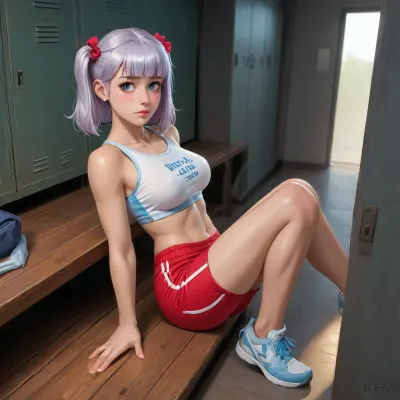 noelle from genshin impact dross style reiq style, japanese_girl, adult, 24_years_old, futa, cute, shy, big_eyes, looking_at_viewer, head_tilt_forward, red_short_shorts, red_shorts, tight_shorts, dark_blue_crop_top, loose_dark_blue_shirt, sweaty, abs, six_pack_abs, lean, big_ass, muscular_legs, glistening, covered_tits, caressing_her_own_tits, cock_bulge, sunlight_through_window, locker_room, lockers, tiled_floor, light_and_shadow, cinematic_masterpiece, view_from_above, safe for work, clothed