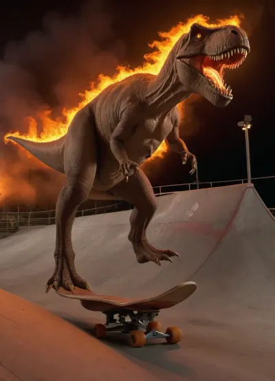 A human-sized T-rex doing a kickflip on a skateboard on a big half-pipe with flame in the background