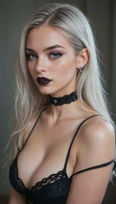 Beautiful curvy goth girl, pale skin, blue eyes, silver hair, Black lipstick