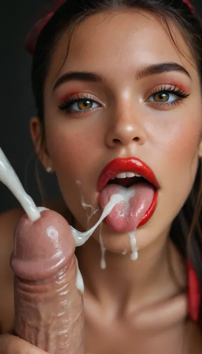 18yo girl, nude, jamaican, (beautiful face), black hair, long hair, (ponytail:1.3), brown eyes, (Bright red lipstick:1.5), (looking at viewer:1.2), (close up view of tongue licking tip of penis:1.2), (close up view:1.4), (lust:1.2), open mouth, (ejaculation:1.4), excessive cum, (cum spraying onto her tongue:1.3), (cum dripping from upper lip onto tongue:1.2), (dark background:1.4), (penis grab), (large breasts:1.4), melanin, supermodel, face, big, lips, but, green, eyes, blue, brown, perfecteyes, <lora:melanin-XL:2>, <lora:Beautify-Supermodel-SDXL:2>, <lora:BUT_SDXL_SHS:2>, <lora:attractive_notrigger:2>, <lora:PerfectEyesXL:2>
