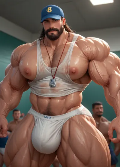 coach, coach's whistle, cap, coach tank-top, brown hair, bleu eyes, bushy full beard, moustache, (white briefs:1.3), stain on white brief, (highly detailed muscular coach:1.3), (hyper muscular body:1.3), (thick pulpy body:1.3), (hips size:1.3), (nipples:1.3), (huge pecs:1.3), (veiny body:1.3), Hairy pits. incredibly hairy body, thick chest hair, (incredibly hairy, thick chest hair pattern:1.3), (huge hands:1.3), huge fingers, (huge cocks:1.3), (foreskin:1.3), heavy balls, (oiled skin:1.3), (sweating:1.3), hdr, (strong lines:1.3), (scary:1.3), (squeezable:.5), (cutesexyrobutts:.4), (beitemian:1.1), (Bartolomeobari:.95), dynamic angle, three-quarter view, (messy bedroom, cum everywhere:1.3), coach riding gigantic cocks, gang bang, (gay fit male sex:1.3), anal sex, stretching anus, (Spitroast Fuck:1.3), heart, sex, Kyorz art 1.2, Simple line art 1.4, bold line, 1.2, 1990s japanese anime art 1.5, internal cumshot, internal view, fucked in ass, filling womb with cum gay only, gay mens, gay 100%
