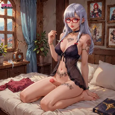 noelle from genshin impact dross style, reiq style, solo, goth shemale, long hair, glasses, bottomless, visible penis, negligee, bedroom, sit in dresser, erect-futa, erect-penis, woman, testicles, erection, full, body, tattoo, <lora:SDXLlora13ErFut:.8>, <lora:FBT-000002:1.9>, futuristic-fantasy-anime, <lora:futureistic_fantasy_anime_sdxl_v1:.8>, <lora:sd_xl_turbo_lora_v1-64dim:.8>