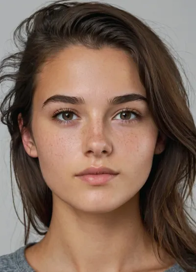 front facing Portrait. 18 year old brunette. loose hair, (messy hair:.8), Hair brushed back. Long hair. Square shaped face. marked jawline., (freckles:.2), Grey top.