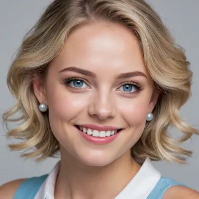 Close-up portrait of a young woman with light skin smiling slightly. She has short, wavy blonde hair with gray undertones and light blue-steel eyes. Her eyes are lined with blue-ice eyeliner. She is wearing pearl earrings and a white collared, sleeveless blouse. The background is plain white. The lighting is bright and even, without harsh shadows. The image has a realistic style with a focus on detail. Camera angle is a medium shot, slightly above eye level. Image quality is clear and well-defined.