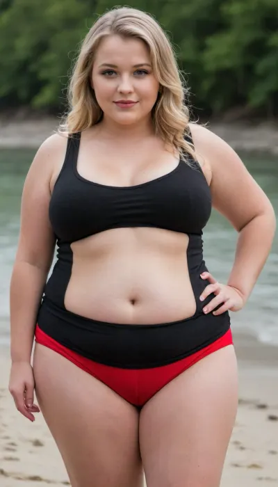 cute polish woman, ((hourglass_body_figure)), black wool tanktop, red cotton shorts, relaxed confident expression
crooked smile
lucious full wavy blonde hair loose, (large round big soft oversized), big breasts
wide hips
sunlight shining from beghind creating a silver lining around her hair
beach, ((curvy)), belly sticking out, ((((fat)))), ((chubby)), hand on belly, (((very fat))), obese
fat chest, (fat breasts)