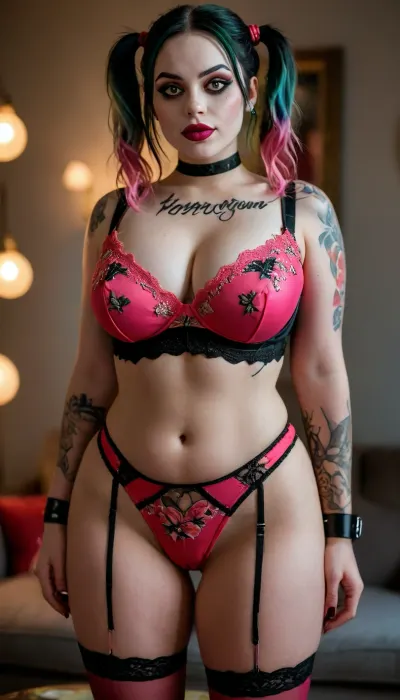 Animated, Cartoon, 2d, comic book style, outlined, chubby brunette Harley quinn from DC comics, black hair, chubby woman, round face, (huge breasts:1.2), huge butt, large hips, large thighs, slim waist, flat stomach, pink lipstick, goth makeup, shredded harley quinn costume, nude, 2 ponytails, (joker card tattoo), face down, . Ultra realistic, Masterpiece, Ultra detailed, High res, High resolution, 8k, UHD, Professional photography, extremely high angle view, (((score_9, score_8_up, score_7_up))), jfl1ngerie, lingerie, lace, floral, print, panties, bra, clothes, lift, garter, belt, trim, <lora:MJ52:1.5>, <lora:Polaroidv2:2>, <lora:late night out_epoch_12:2>, <lora:JFL-XL-000006:.8>
