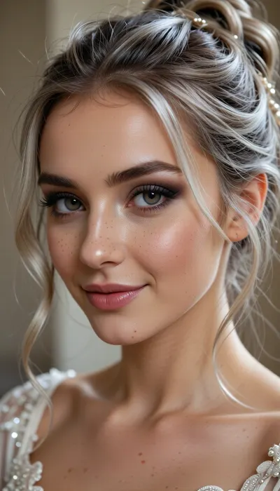 (masterpiece, best quality, 8k, Raw photography:1.2), (award-winning:1.1), (high fashion aesthetic, avant-garde portfolio photoshoot:1.4), (focus on eyes, elegant wedding gown, immaculate makeup:1.8), (loving Girl, hyper feminine features, joy, celebration, adoring gaze, soft contented smile:1.5), high cheekbones, cute upturned nose, upturned upper lip, Freckles, (sense of intimacy:1.4), (intricate eye details:1.6), (warm eyes, captivating eyes:1.6), (long delicate eyelashes:1.5), (smokey makeup, intense makeup:1.4), (textured ash blonde hair with dark highlights, intricate and elaborate hair style:1.4), (shallow depth of field, professional color grading:1.6), (softly blurred background:1.3), (warm natural light, hair glow lighting), (natural skin texture:1.6), (realistic skin details:1.5), (intricately detailed hair:1.5), (expressive detailed eyes:1.6), (visible limbal ring:1.5), (detailed iris texture:1.5), (natural hair texture:1.4), (realistic eye texture:1.5), subtle vellus hairs, ziprealism