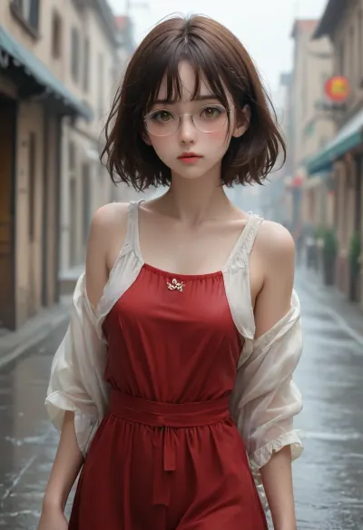 21-year-old neighbor girl with soft wavy brown red down to her shoulders and large amber-colored eyes. Normally she wears comfortable clothes and glasses, but due to the rain, her clothes are soaked and her makeup is running. She has a slim figure with slight feminine curves.