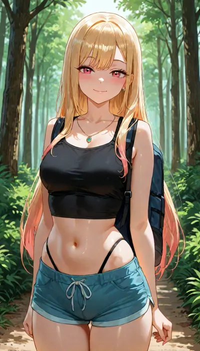 marin_kitagawa from sono_bisque_wa_doll, small breasts, bare breasts, hiking alone in forest, wearing short shorts and tank top, visible high waist thong panty, peaceful happy expression, anime style, detailed shading, <lora:add-detail-xl:1.2>, <lora:attractive_notrigger:1.2>, <lora:detailed_notrigger:1.2>, <lora:LCMTurboMix_Euler_A_fix:1.2>