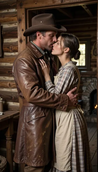 A cinematic, hyper-realistic photography capturing a heartwarming, emotional "Wild Wild West" scene. Close-medium framing focusing on a weathered pioneer man returning home, tenderly embracing his beautiful pioneer wife just inside the doorway of their rustic wooden cabin. The man, dusty from the trail, wears a classic rugged cowboy hat tilted back and an authentic, heavily weathered brown leather duster overcoat. This iconic frontier coat features a wide statement collar, realistic leather grain texture patinated with trail dust, and is completely buttoned up from the chest down, creating a classic Western silhouette that entirely covers his waist and hips under the heavy leather fabric. His strong arms are wrapped protectively around her. His wife, with her hair tied up in a simple period-accurate bun, wears a modest, long-sleeved calico pioneer dress with a cotton apron. Her hands, resting gently on his shoulders, are masterfully rendered with perfect anatomical precision, showcasing smooth skin, beautifully shaped delicate fingers, and highly detailed fingernails, completely free of any distortion or aesthetic flaws. The focus is tight on their genuine expressions of relief and love, their faces pressed close together, capturing the authentic texture of his sun-weathered skin and her soft complexion. The long leather coat completely conceals his entire waistline. The background shows the warm, dim interior of the log cabin, with crystal-clear golden sunlight streaming through a small window, illuminating the space and revealing a simple wooden table and a stone hearth in a soft bokeh. High-contrast cinematic lighting, shallow depth of field, warm color palette, captured on 50mm lens, photorealistic, 8k, masterfully composed, emotional depth.