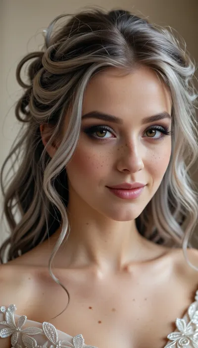 (masterpiece, best quality, 8k, Raw photography:1.2), (award-winning:1.1), (high fashion aesthetic, avant-garde portfolio photoshoot:1.4), (focus on eyes, elegant wedding gown, immaculate makeup:1.8), (loving Girl, hyper feminine features, joy, celebration, adoring gaze, soft contented smile:1.5), high cheekbones, Freckles, (sense of intimacy:1.4), (intricate eye details:1.6), (warm eyes, captivating eyes:1.6), (long delicate eyelashes:1.5), (smokey makeup, intense makeup:1.4), (textured ash blonde hair with dark highlights, intricate and elaborate hair style:1.4), (shallow depth of field, professional color grading:1.6), (softly blurred background:1.3), (warm natural light, hair glow lighting), (natural skin texture:1.6), (realistic skin details:1.5), (intricately detailed hair:1.5), (expressive detailed eyes:1.6), (visible limbal ring:1.5), (detailed iris texture:1.5), (natural hair texture:1.4), (realistic eye texture:1.5), subtle vellus hairs, ziprealism