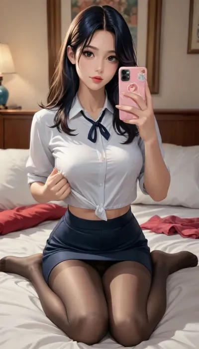 reiq style, closeup Sexy 18 year old woman, (student flashing big tits from scrub top), (wearing student uniform, white shirt, color tie, pantyhose), photogenic 18 year old college student, Petite fit, busty hourglass figure, ((sexy wavy long brilliant black hair)), (sitting on bed in the bedroom full body photo), (professional photo), wearing mini skirt, taking selfie with phone, sexy body, curves, warm sun light