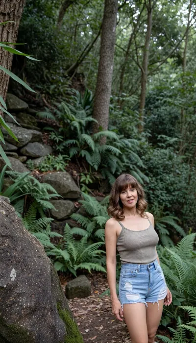 The image captures a mature woman posing in a lush, green forest environment. She is positioned in the foreground, facing the camera and looking Straight with a slight smile. Her hair is wavy medium-length, styled with gentle waves, and she has bangs. She is wearing a micro tank top with thin straps and light blue denim micro torn short with a distressed hem. The background is dominated by dense vegetation. Tall trees. Various types of ferns and other leafy plants cover the ground and the rocky embankment. The overall color palette is rich with greens, browns, and grays. The composition places the woman slightly off-center to the right, with the natural landscape filling the rest of the frame. The focus is primarily on the woman and her immediate surroundings, with the depth of the forest receding into the background. The lighting suggests it might be daytime, possibly late morning or afternoon, with dappled light creating a natural and slightly diffused atmosphere. The texture of the rocks, the roughness of the tree bark, and the softness of the foliage are all subtly conveyed, contributing to the organic feel of the image.