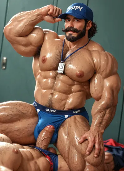 coach, coach's whistle, coach tank-top, cap, brown hair, bushy full beard, moustache, (briefs:1.5), stain on brief, (highly detailed muscular coach:1.2), (hyper muscular body:1.1), (thick pulpy body:1.2), (hips size:1.3), (nipples:1.3), (huge pecs:1.3), (veiny body:1.3), Hairy pits. incredibly hairy body, thick chest hair, (incredibly hairy, thick chest hair pattern:1.3), (huge hands:1.2), huge fingers, (huge cocks:1.3), (foreskin:1.6), heavy balls, (oiled skin:1.3), (sweating:1.5), hdr, (strong lines:1.3), (scary:1.3), (squeezable:.9), (cutesexyrobutts:.5), (beitemian:1.1), (Bartolomeobari:.95), dynamic angle, three-quarter view, (messy bedroom), coach riding big cock, muscle male fucking coach, (gay fit male sex:1.3), anal sex, stretching anus, (Spitroast Fuck:1.3), heart, sex, Kyorz art 1.2, Simple line art 1.4, bold line, 1.2, 1990s japanese anime art 1.5, blowjob, deepthroat sucking dick