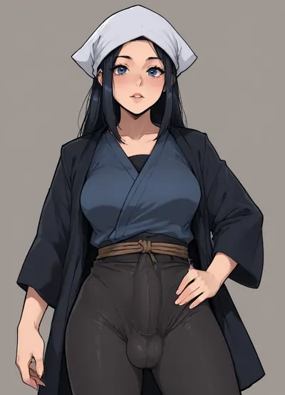 (Melkor mancin meets markgavatino style), reiq style, masterpiece, (akari from Pokemon, futanari, large breasts, cock bulge), solo, simple background, <lora:lineartSDXL:.8>, <lora:mk_Bp Anime_xl:.8>