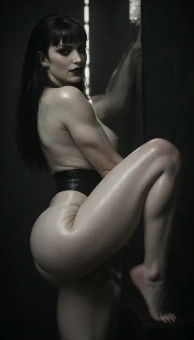 thick curvy futa, side view, gothic, goth, (ash white skin:2.3), dark black eyes, (longblack cleopatra hair with bangs:1.3), (black eyeliner:1.5), (black lipstick), smile, shiny skin, perfect skin, makeup, big hips, big ass, voluptuous, curvy, feet with high arches, thick thighs, very thick legs, leg muscles, muscle thighs, big calves, muscled legs, (((narrow snatched waist))), detailed feet, dancer feet, moaning, erect-futa, erect-penis, femboy, testicles, erection, warm lighting, ultra high details, award winning photo, <lora:dark:.1>, <lora:SDXLlora13ErFut:1.5>