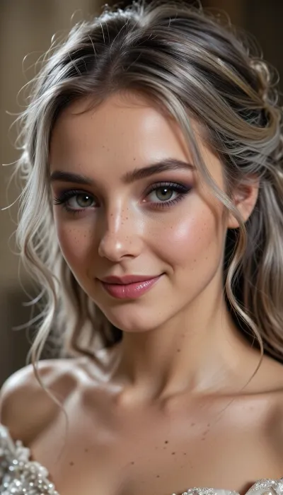 (masterpiece, best quality, 8k, Raw photography:1.2), (award-winning:1.1), (high fashion aesthetic, avant-garde portfolio photoshoot:1.4), (focus on eyes, elegant wedding gown, immaculate makeup:1.8), (loving Girl, hyper feminine features, joy, celebration, adoring gaze, soft contented smile:1.5), high cheekbones, cute upturned nose, upturned upper lip, glossy lips, Freckles, (sense of intimacy:1.4), (intricate eye details:1.6), (warm eyes, captivating eyes:1.6), (long delicate eyelashes:1.5), (smokey makeup, intense makeup:1.4), (textured ash blonde hair with dark highlights, intricate and elaborate hair style:1.4), (shallow depth of field, professional color grading:1.6), (softly blurred background:1.3), (warm natural light, hair glow lighting), (natural skin texture:1.6), (realistic skin details:1.5), (intricately detailed hair:1.5), (expressive detailed eyes:1.6), (visible limbal ring:1.5), (detailed iris texture:1.5), (natural hair texture:1.4), (realistic eye texture:1.5), subtle vellus hairs, ziprealism