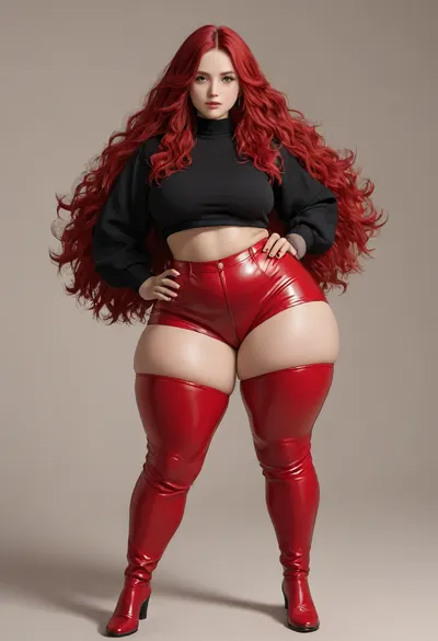 very tall bbw pawg, huge hips, huge thighs, ((extra saggy east west type brests)), very long straight red coloured hair, wearing leather chaps wearing a very short red tight crop top