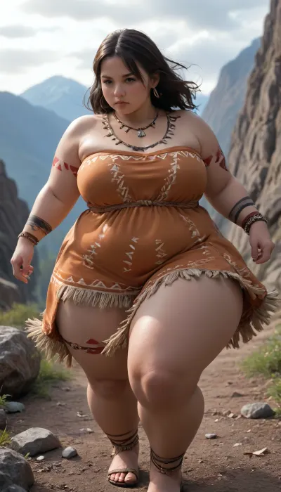 Gigantic fat wide expansive hips, (chubby:1.4), (plump:1.8), thick fat thighs, tribal tattoos, mountain, (wearing tribal dress:1.4), action shot, chunky