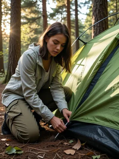 A photorealistic image of a determined female traveller pitching a vibrant green tent in a sun-dappled forest. She has shoulder-length brown hair, wearing a light jacket and cargo pants, with a focused expression as she secures the tent pegs into rich, dark brown earth. The composition captures her from a slightly low angle, emphasizing her connection to the towering pine trees surrounding her. Soft, golden sunlight filters through the leaves, creating dynamic shadows and highlighting the textures of her gear. The colour palette features earthy greens, browns, and warm golden hues, evoking a calm yet adventurous atmosphere. The image should convey a sense of motion, as the woman pulls the tent fabric tight. Render in high resolution, to showcase intricate details in the foliage and fabric textures, resulting in a striking and immersive visual experience.