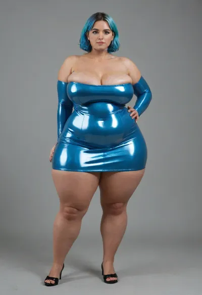 very tall ssbbw obese pawg, huge hips, huge thighs, very thin waist, ((extremely saggy east west brests)), short blue coloured hair, wearing a full body latex colbalt blu bodycon dress