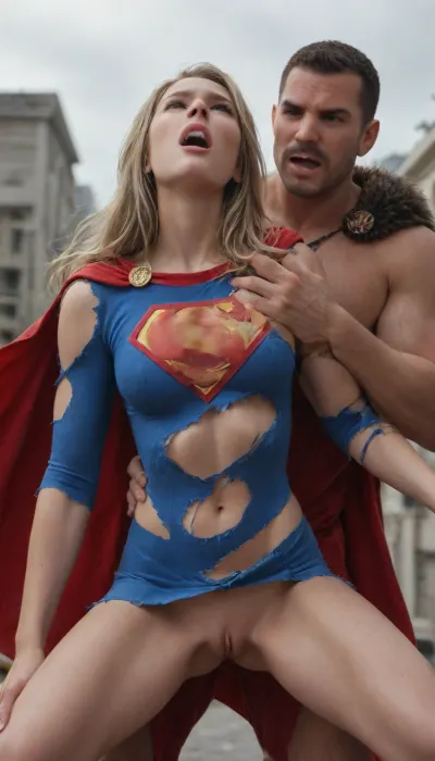 DC Comics Supergirl, with a torn Supergirl uniform, Hand of a very muscular man around her neck with the man's other hand in her pussy, anger, screaming, angry, <lora:polyhedron_angry-000006:.8>, torn, fly, down, at, _______, <lora:tornclothesv6-8:.8>, wearing, supergirl, outfit, with, cape, <lora:SDXL1.0-LoRa_Zeitgeist-Supergirl-Outfit_by-AI_Characters-v2.0:.8>