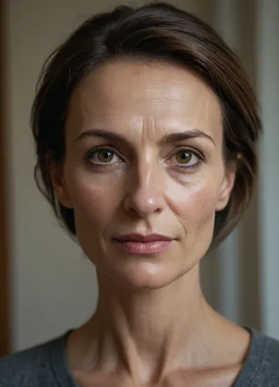 masterpiece, best quality, photorealistic, ultra-detailed portrait of a 70-year-old French woman, naturally attractive mature woman, (very thin face, extremely fine bone structure, prominent cheekbones, visible cheekbones creating strong facial definition, slightly hollow cheeks, subtle visibility of facial bones beneath the skin, narrow jawline, delicate chin, slender neck, thin nose), realistic signs of aging, crow's feet, fine wrinkles around the eyes and mouth, light forehead lines, natural skin texture, visible pores, unretouched skin, authentic aging, expressive brown eyes, intelligent and thoughtful gaze, warm and approachable expression, understated elegance, medium-length dark chestnut hair with scattered silver and gray strands, slightly neglected everyday hairstyle, simple haircut, natural gray regrowth, minimal makeup, ordinary French homemaker, middle-class lifestyle aesthetic, discreet femininity, relatable beauty, attractive despite imperfections, quiet confidence, lived-in face, gentle smile, realistic facial asymmetry, documentary-style photography, soft natural window light, cinematic realism, shallow depth of field, 85mm lens, highly detailed eyes, realistic skin rendering, natural color grading, authentic mature beauty, subtle charisma, everyday attractiveness, believable human face, gaunt face, pronounced zygomatic bones, sculpted cheekbones, visible facial structure, narrow facial contours, delicate bone anatomy, mature elegance, authentic French woman, natural aging, understated sensuality, quiet charm, soulful eyes, character-rich face, emotional depth, unfiltered realism, <lora:Older_woman_v4-000002:.8>