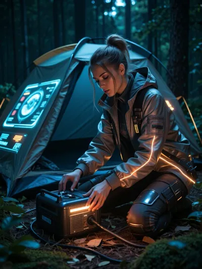 A highly detailed cinematic shot showing a beautiful cyberpunk-style traveler setting up a futuristic tent with automated deployment and a holographic interface, connecting it to a portable power generator, in a mysterious, overgrown forest at night. The tent projects glowing digital interfaces onto the dome’s wall. The woman wears a “tech-wear” style jacket with glowing fiber-optic threads. The dark backdrop of the dense forest contrasts with the bright cybernetic blue and orange lights. Realistic textures, dramatic shadows, and the atmosphere of a futuristic adventure.