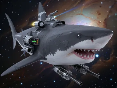 A spaceship whose appearance is modeled after a shark. The ship is gigantic. Visible weapons systems include artillery turrets, lasers, and kinetic cannons. In the background, space, nebulae, and galaxies are visible.