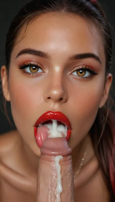18yo girl, nude, jamaican, (beautiful face), black hair, long hair, (ponytail:1.3), brown eyes, (Bright red lipstick:1.5), (looking at viewer:1.2), (close up view of tongue licking tip of penis:1.2), (close up view:1.4), (lust:1.2), open mouth, (ejaculation:1.4), excessive cum, (cum spraying onto her tongue:1.3), (dark background:1.4), (penis grab), (large breasts:1.4), melanin, supermodel, face, big, lips, but, green, eyes, blue, brown, perfecteyes, <lora:melanin-XL:2>, <lora:Beautify-Supermodel-SDXL:2>, <lora:BUT_SDXL_SHS:2>, <lora:attractive_notrigger:2>, <lora:PerfectEyesXL:2>