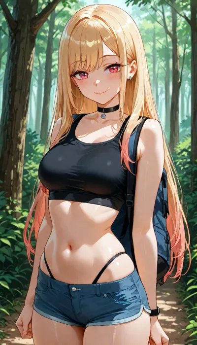 marin_kitagawa from sono_bisque_wa_doll, small breasts, bare breasts, hiking alone in forest, wearing short shorts and tank top, visible high waist thong panty, peaceful happy expression, anime style, detailed shading, <lora:add-detail-xl:1.2>, <lora:attractive_notrigger:1.2>, <lora:detailed_notrigger:1.2>, <lora:LCMTurboMix_Euler_A_fix:1.2>