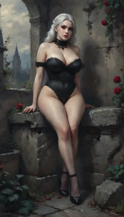 Beautiful painting, full length view of a voluptuous girl, pale skin, completely naked, sitting on the stone wall, smiling sweetly, shaved vagina, huge breasts, (((-13 year old girl-))), long platinum white hair, full length view, naked, black studded collar, free-standing black fishnet stockings, fantasy garden with black and red roses, black and white art, black pencil, shading, charcoal, drawing, colored paper, brutal, b/w, color scheme, impressionist, painting, concept, art, realistic, dark, theme, low, light, <lora:Black and white art.V1:.8>, <lora:milkers_v2:.7>, <lora:EldritchImpressionismXL1.5:1.2>, <lora:Concept Art DarkSide Style LoRA_SeaArt Furry XL 1.0:1.5>