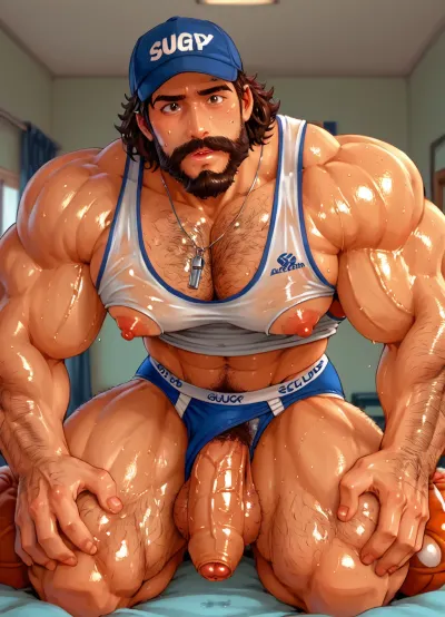coach, coach's whistle, coach tank-top, cap, brown hair, bushy full beard, moustache, (briefs:1.5), stain on brief, (highly detailed muscular coach:1.2), (hyper muscular body:1.1), (thick pulpy body:1.2), (hips size:1.3), (nipples:1.3), (huge pecs:1.3), (veiny body:1.3), Hairy pits. incredibly hairy body, thick chest hair, (incredibly hairy, thick chest hair pattern:1.3), (huge hands:1.2), huge fingers, (huge cocks:1.3), (foreskin:1.6), heavy balls, (oiled skin:1.3), (sweating:1.5), hdr, (strong lines:1.3), (scary:1.3), (squeezable:.9), (cutesexyrobutts:.5), (beitemian:1.1), (Bartolomeobari:.95), dynamic angle, three-quarter view, (messy bedroom), coach riding big cock, muscle male fucking coach, (gay fit male sex:1.3), anal sex, stretching anus, (Spitroast Fuck:1.3), heart, sex, Kyorz art 1.2, Simple line art 1.4, bold line, 1.2, 1990s japanese anime art 1.5, blowjob, deepthroat sucking dick