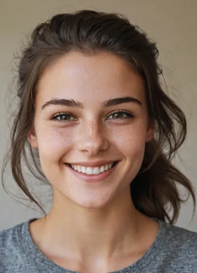 front facing Portrait. 18 year old brunette. loose hair, (messy hair:.8), Hair brushed back. Long hair. Square shaped face. marked jawline., (freckles:.2), Grey top. Smiling. Happy.