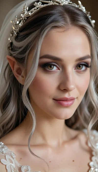 (masterpiece, best quality, 8k, Raw photography:1.2), (award-winning:1.1), (high fashion aesthetic, avant-garde wedding photoshoot:1.4), (focus on eyes, elegant wedding gown, immaculate makeup:1.8), (loving Girl, hyper feminine features, joy, celebration, adoring gaze, soft contented smile:1.5), (sense of intimacy:1.4), (intricate eye details:1.6), (warm eyes, Fae eyes, captivating eyes:1.6), (long delicate eyelashes:1.5), (smokey makeup, intense makeup:1.4), (textured ash blonde hair with dark highlights, intricate and elaborate bridal hair style:1.4), (shallow depth of field, professional color grading:1.6), (softly blurred background:1.3), (warm natural light, hair glow lighting), (natural skin texture:1.6), (realistic skin details:1.5), (intricately detailed hair:1.5), (expressive detailed eyes:1.6), (visible limbal ring:1.5), (detailed iris texture:1.5), (natural hair texture:1.4), (realistic eye texture:1.5), subtle vellus hairs, ziprealism
