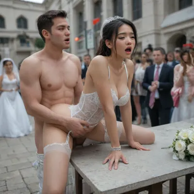 (Kuro), Asian woman, ((30 year old:1.7), (youthful face:1.3), (petite:1.3), short, slim, slender), (big breasts), at wedding party, (disoriented, moaning:1.4), conservative white wedding dress, garter belt and sheer white stockings, white high heels, wedding bouquet, surprised, open mouth, (bend over table), (anal fucked by well-hung male), ((behind, holding hips, dogstyle One leg up, sex from behind:1.3)), huge cock, (3rd person), anal sex, (doggy style anal sex), rough anal sex, very deep anal penetration, hard fucking, outdoors, wedding guests watching, crowd, late afternoon, (torn and ripped clothes), detailed face, detailed hair, detailed body, detailed skin, detailed breasts, detailed very tight hairy pussy, (High, Resolution), (More, Details), (8K)
