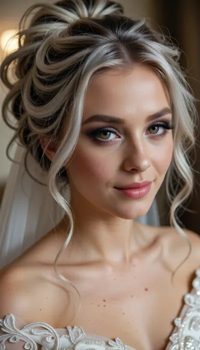 (masterpiece, best quality, 8k, Raw photography:1.2), (award-winning:1.1), (high fashion aesthetic, avant-garde portfolio photoshoot:1.4), (focus on eyes, elegant wedding gown, immaculate makeup:1.8), (loving Girl, hyper feminine features, joy, celebration, adoring gaze, soft contented smile:1.5), high cheekbones, cute upturned nose, upturned upper lip, Freckles, (sense of intimacy:1.4), (intricate eye details:1.6), (warm eyes, captivating eyes:1.6), (long delicate eyelashes:1.5), (smokey makeup, intense makeup:1.4), (textured ash blonde hair with dark highlights, intricate and elaborate hair style:1.4), (shallow depth of field, professional color grading:1.6), (softly blurred background:1.3), (warm natural light, hair glow lighting), (natural skin texture:1.6), (realistic skin details:1.5), (intricately detailed hair:1.5), (expressive detailed eyes:1.6), (visible limbal ring:1.5), (detailed iris texture:1.5), (natural hair texture:1.4), (realistic eye texture:1.5), subtle vellus hairs, ziprealism